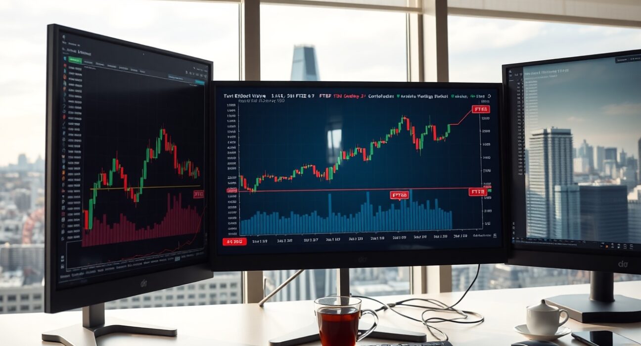 Financial trading desk with FTSE 100 Elliott Wave chart showing potential rally pattern