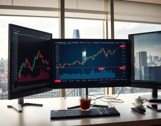 Financial trading desk with FTSE 100 Elliott Wave chart showing potential rally pattern