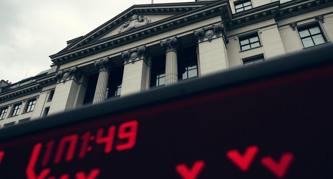 London Stock Exchange building on a grey, overcast day, with a stock ticker showing red numbers.