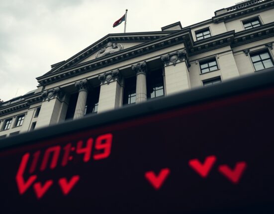 London Stock Exchange building on a grey, overcast day, with a stock ticker showing red numbers.