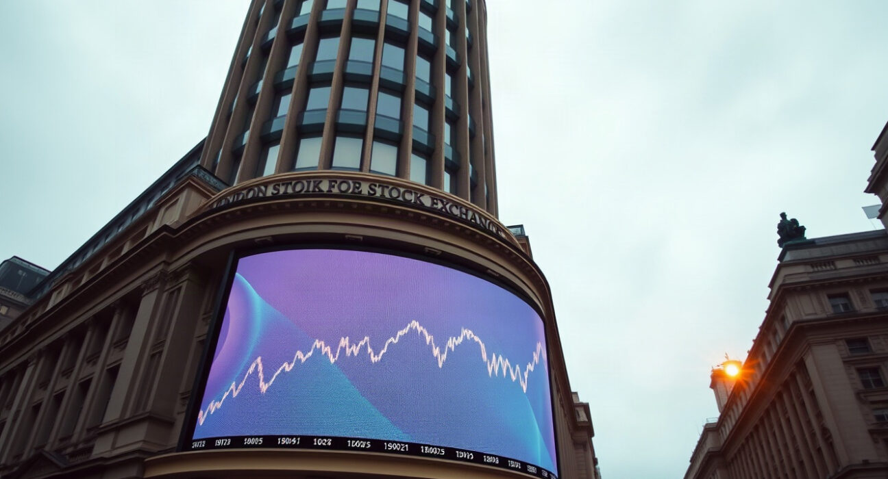 London Stock Exchange building with FTSE 100 index chart on screen showing levels near 11,000