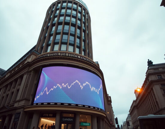 London Stock Exchange building with FTSE 100 index chart on screen showing levels near 11,000