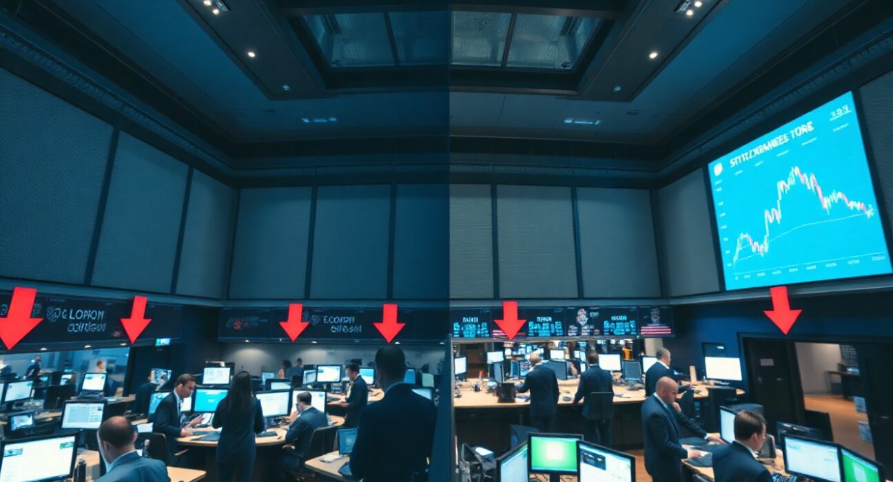 Split image of London and New York stock exchange trading floors showing contrasting market sentiment.
