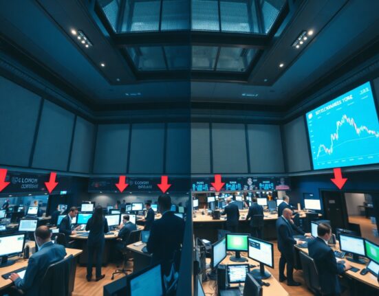 Split image of London and New York stock exchange trading floors showing contrasting market sentiment.