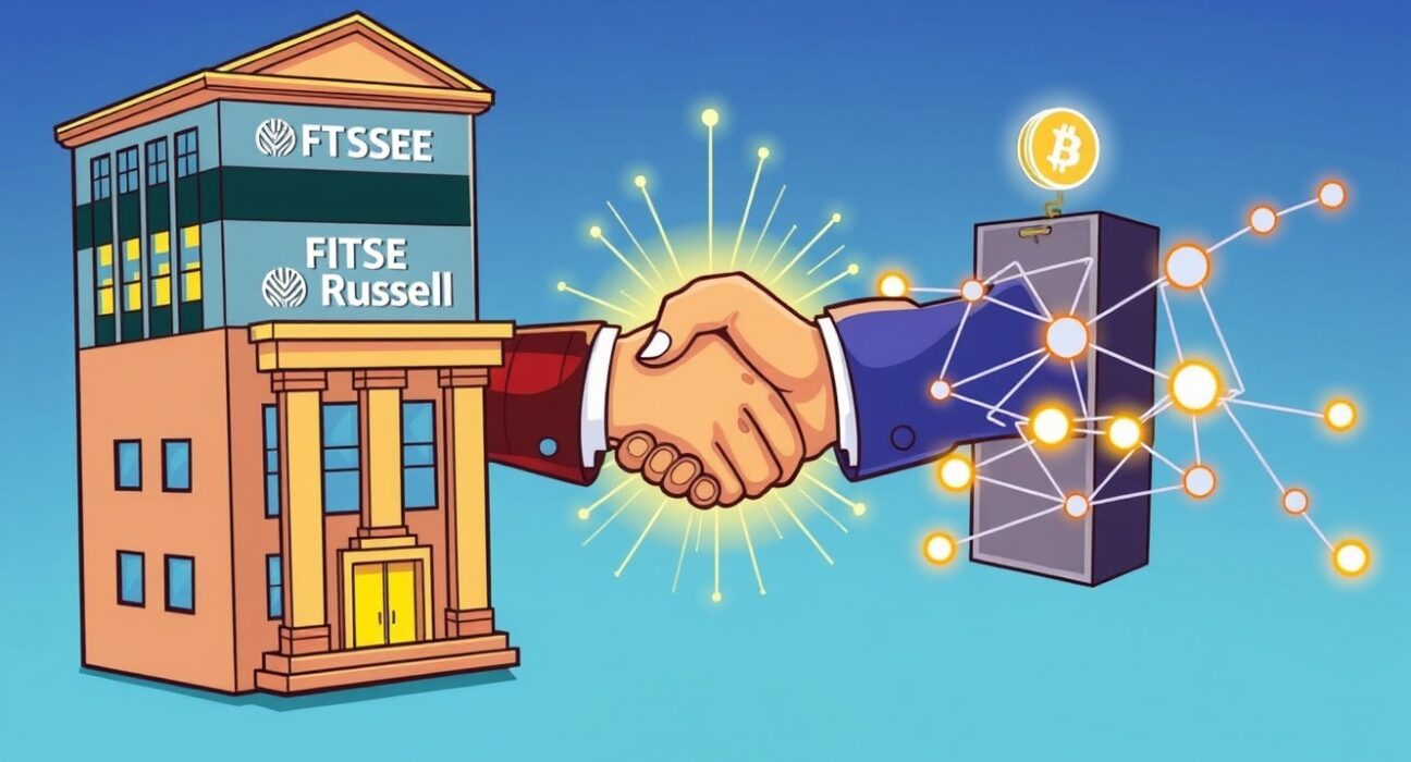 Illustration of the FTSE Russell Chainlink partnership, symbolizing traditional finance embracing blockchain for on-chain data.
