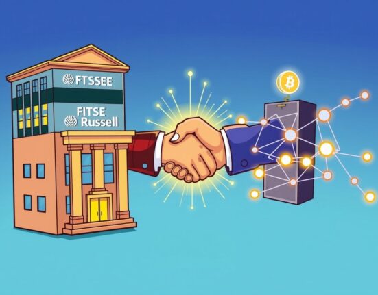 Illustration of the FTSE Russell Chainlink partnership, symbolizing traditional finance embracing blockchain for on-chain data.