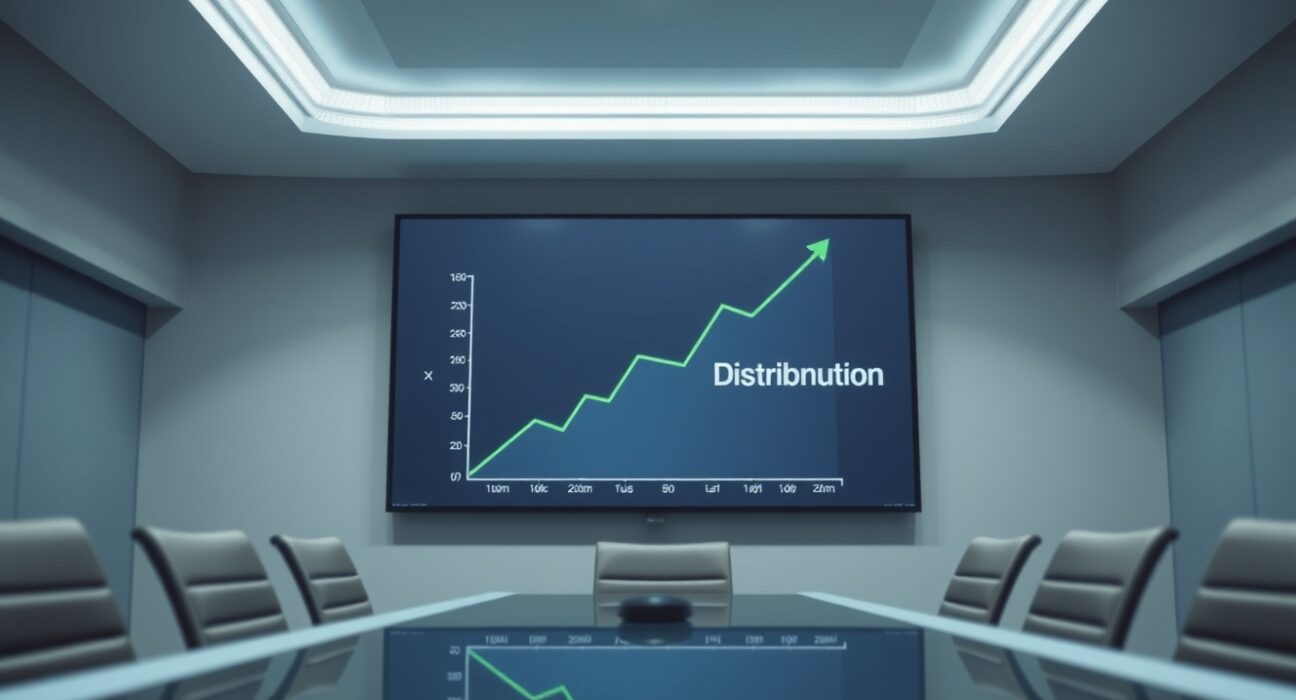 Empty corporate boardroom with a digital screen showing a financial graph and FTX distribution text