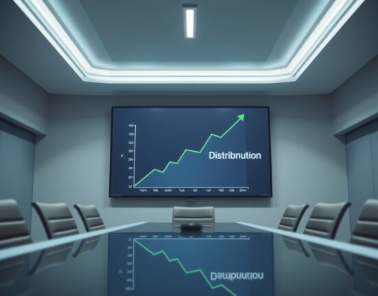 Empty corporate boardroom with a digital screen showing a financial graph and FTX distribution text