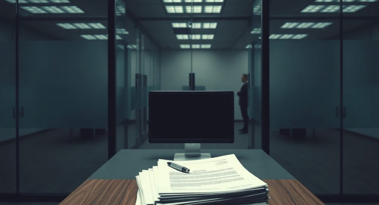 Empty modern office interior with desk and documents, representing FTX bankruptcy proceedings