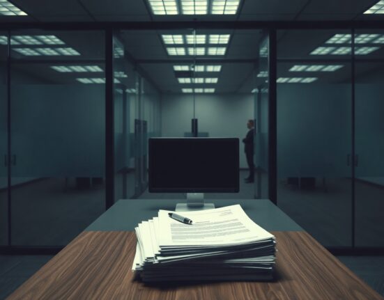 Empty modern office interior with desk and documents, representing FTX bankruptcy proceedings