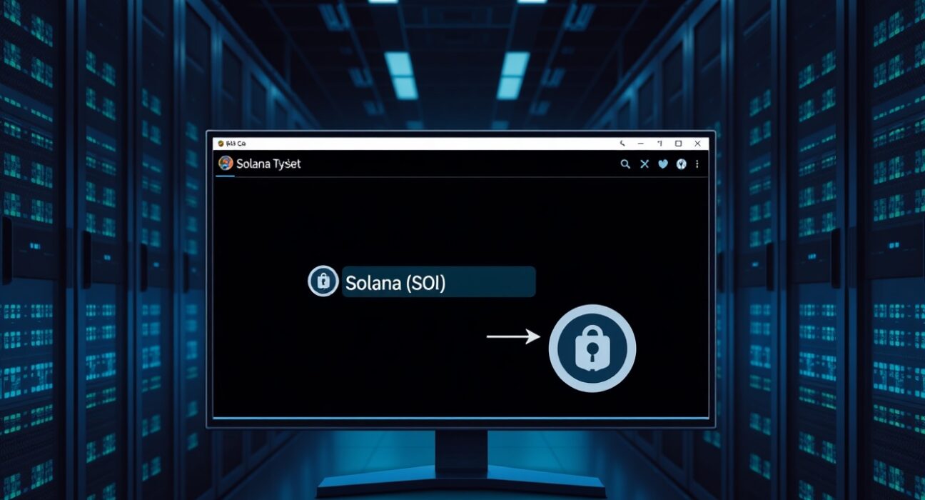 Digital wallet interface showing a large Solana transaction being processed to BitGo Custody in a data center setting