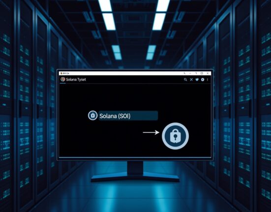 Digital wallet interface showing a large Solana transaction being processed to BitGo Custody in a data center setting