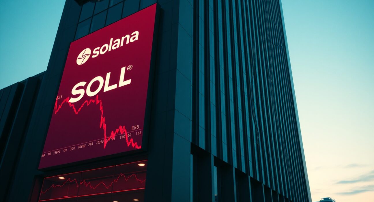 Solana logo displayed on a screen outside a cryptocurrency exchange building at dusk, indicating market activity.