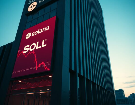 Solana logo displayed on a screen outside a cryptocurrency exchange building at dusk, indicating market activity.
