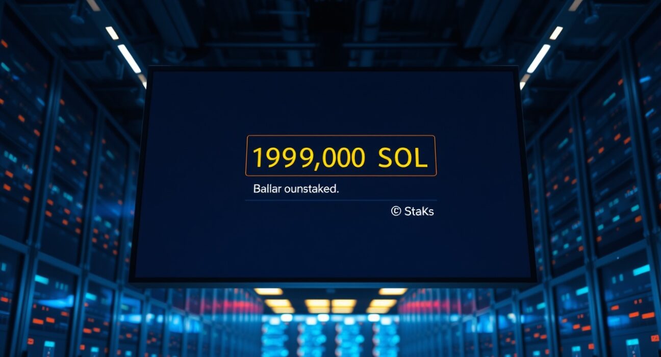 Digital screen showing a cryptocurrency wallet interface with a 199,000 SOL unstaking transaction in a dimly lit trading floor environment
