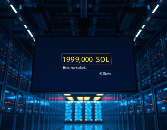 Digital screen showing a cryptocurrency wallet interface with a 199,000 SOL unstaking transaction in a dimly lit trading floor environment