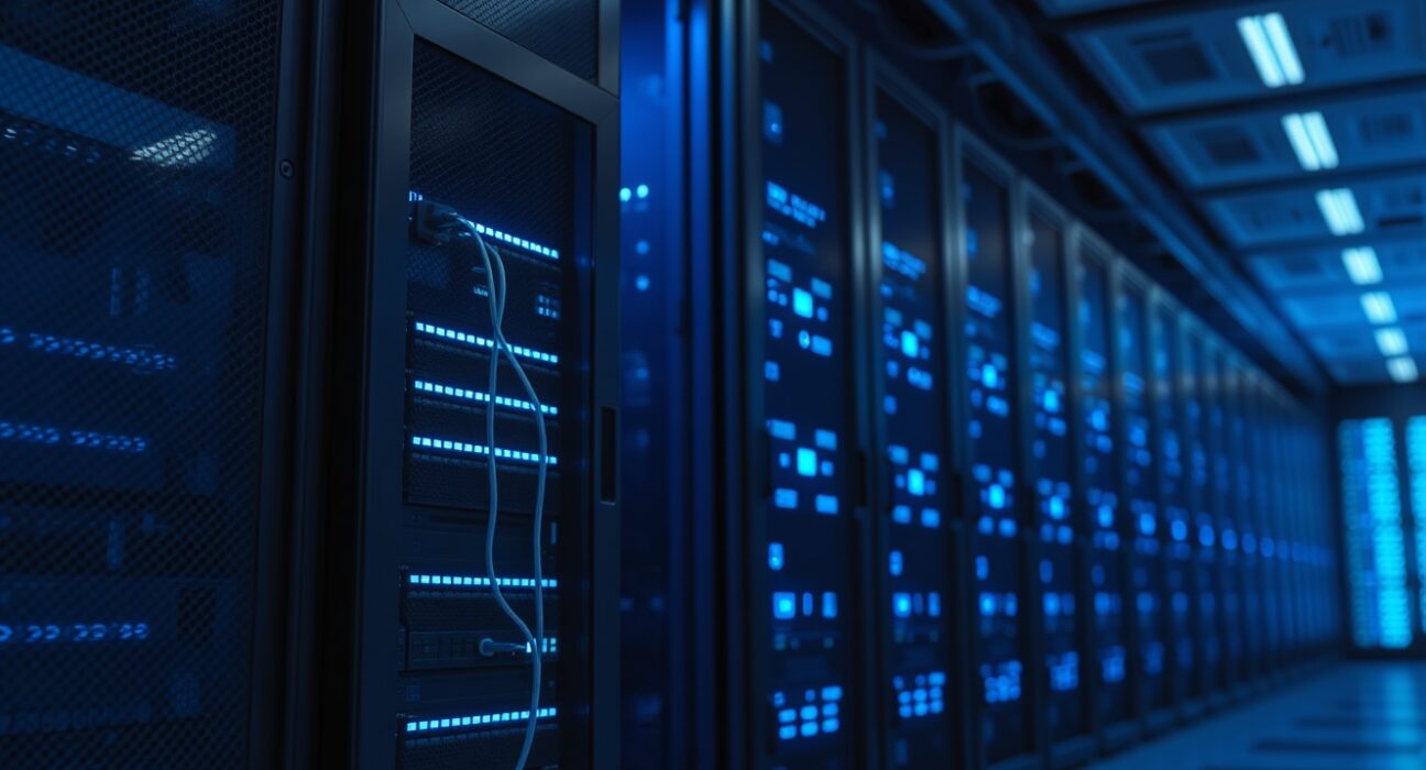 Cryptocurrency server room with a partially unplugged server rack, representing SOL unstaking by FTX/Alameda.