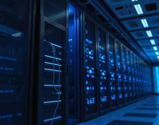 Cryptocurrency server room with a partially unplugged server rack, representing SOL unstaking by FTX/Alameda.