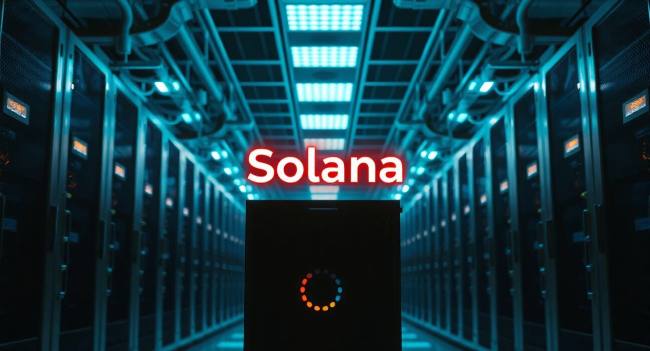 Solana logo in a data center representing FTX/Alameda SOL unstaking