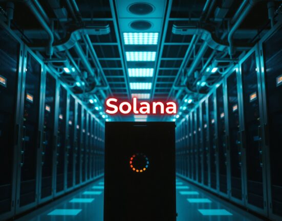 Solana logo in a data center representing FTX/Alameda SOL unstaking