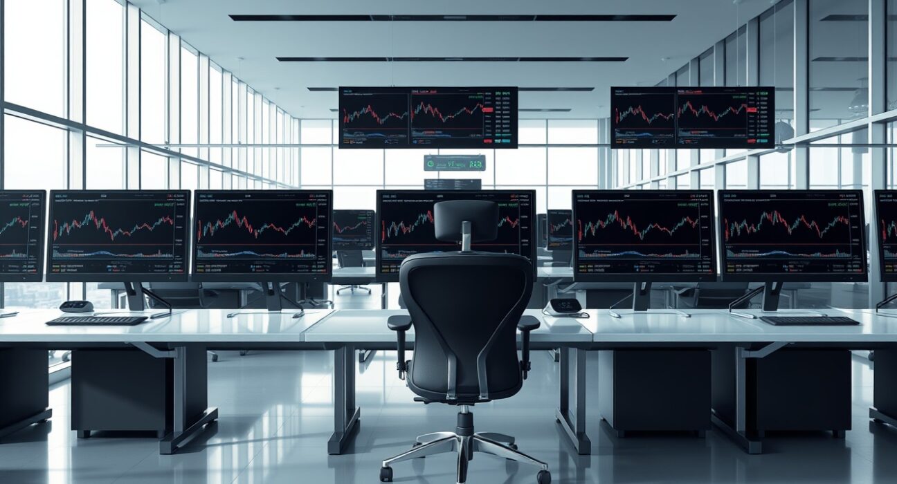 Empty cryptocurrency trading floor representing the FTX collapse and SBF's liquidity claims.