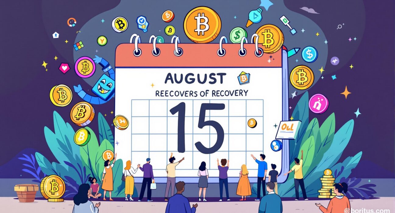 A cartoon illustration showing a calendar with August 15 highlighted, symbolizing the upcoming FTX creditor distribution and the hope for financial recovery.