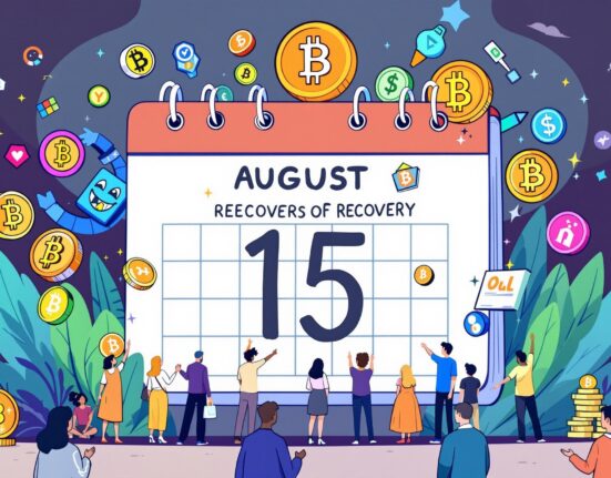 A cartoon illustration showing a calendar with August 15 highlighted, symbolizing the upcoming FTX creditor distribution and the hope for financial recovery.