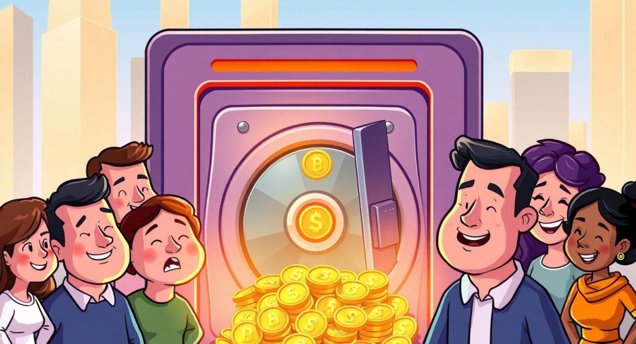 A group of relieved FTX creditors receiving a substantial distribution, symbolizing the ongoing recovery efforts.