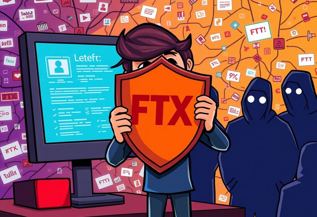 Cartoon illustration showing a person protecting sensitive information, symbolizing the urgent need for digital asset security after an FTX data leak.