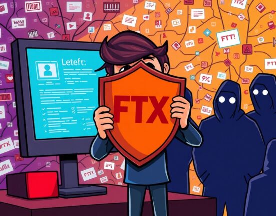 Cartoon illustration showing a person protecting sensitive information, symbolizing the urgent need for digital asset security after an FTX data leak.