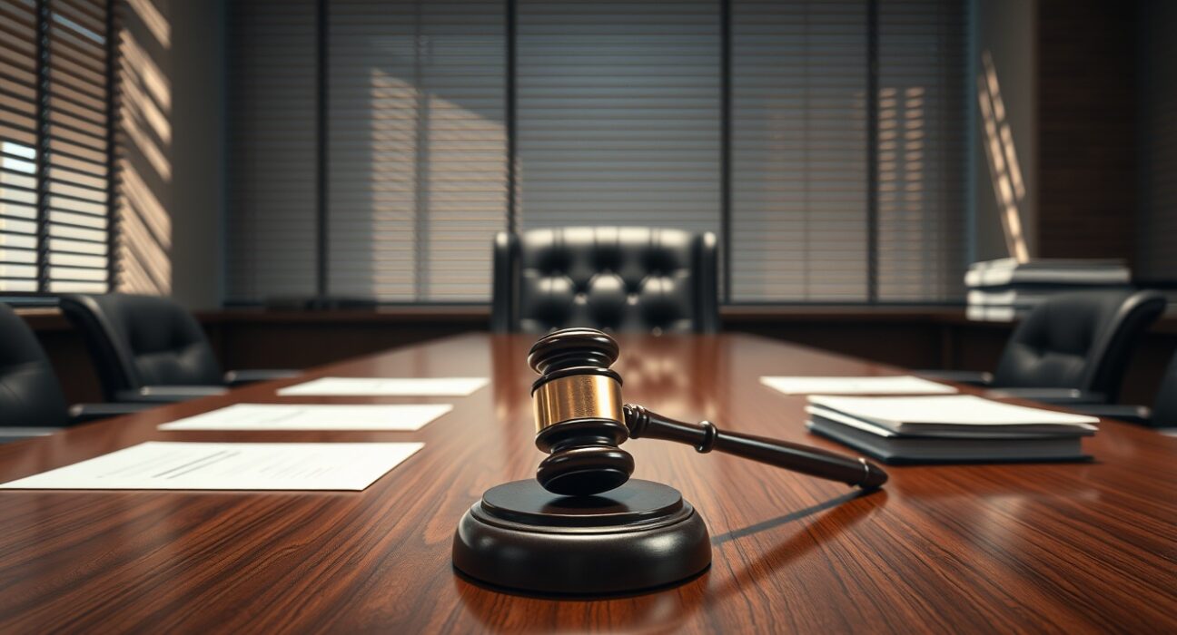Law firm conference room with gavel and legal documents, representing the FTX lawsuit against Fenwick & West.