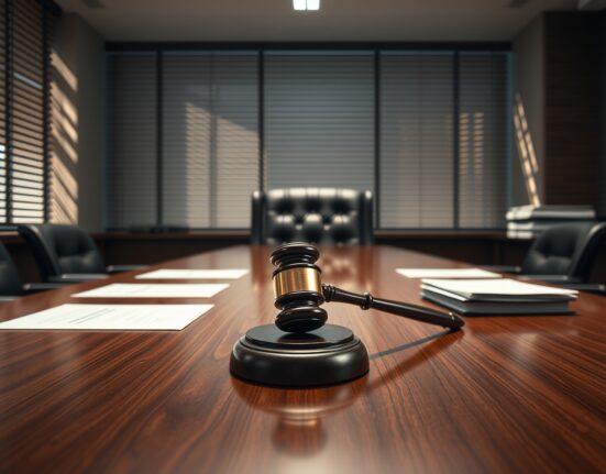 Law firm conference room with gavel and legal documents, representing the FTX lawsuit against Fenwick & West.