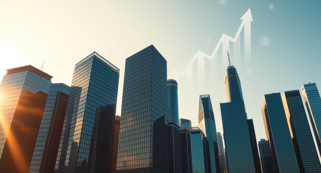 Financial district skyline with digital charts symbolizing FTX creditor repayment progress
