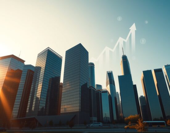 Financial district skyline with digital charts symbolizing FTX creditor repayment progress