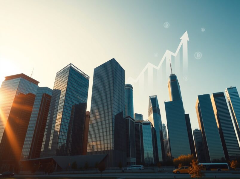 Financial district skyline with digital charts symbolizing FTX creditor repayment progress
