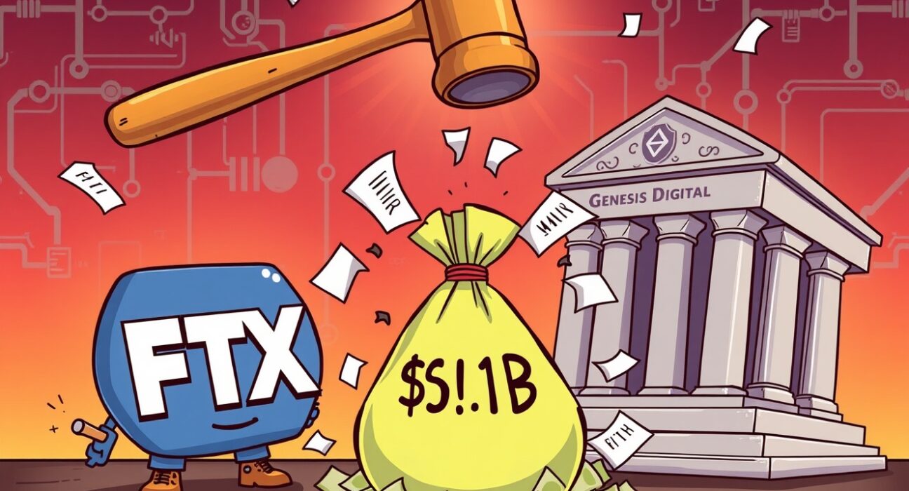 Cartoon illustration showing the FTX Genesis lawsuit, with FTX and Genesis Digital in a legal dispute over a large sum of money.