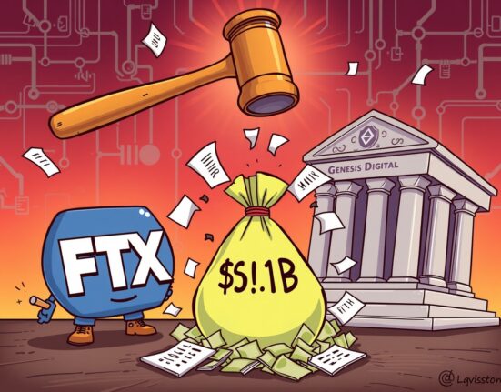 Cartoon illustration showing the FTX Genesis lawsuit, with FTX and Genesis Digital in a legal dispute over a large sum of money.