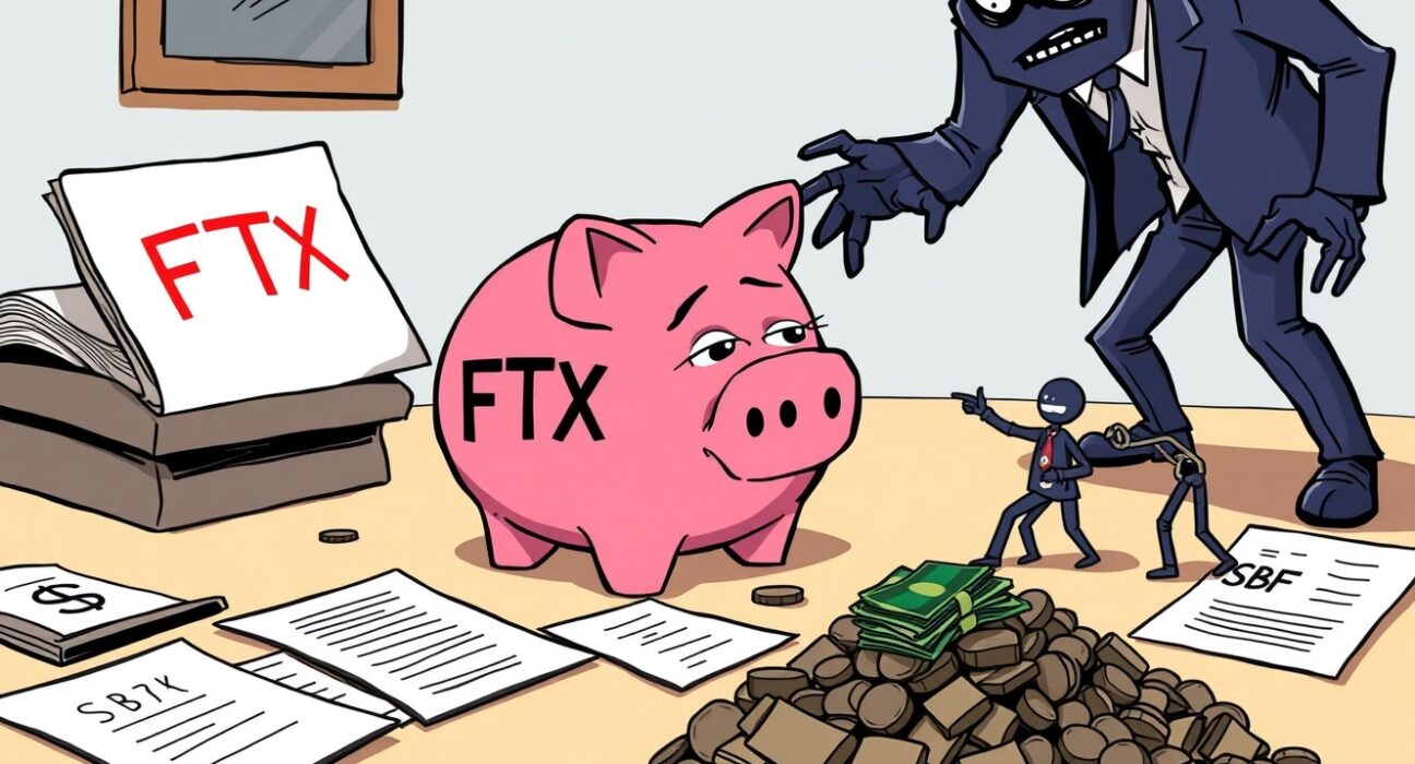 A cartoon showing SBF disputing FTX insolvency claims, pointing to assets while lawyers initiate bankruptcy.