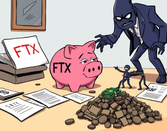 A cartoon showing SBF disputing FTX insolvency claims, pointing to assets while lawyers initiate bankruptcy.
