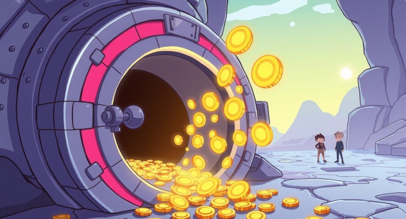 Cartoon illustration of FTX unstaking a large vault of SOL cryptocurrency assets into the market.