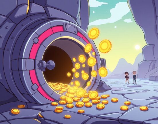 Cartoon illustration of FTX unstaking a large vault of SOL cryptocurrency assets into the market.