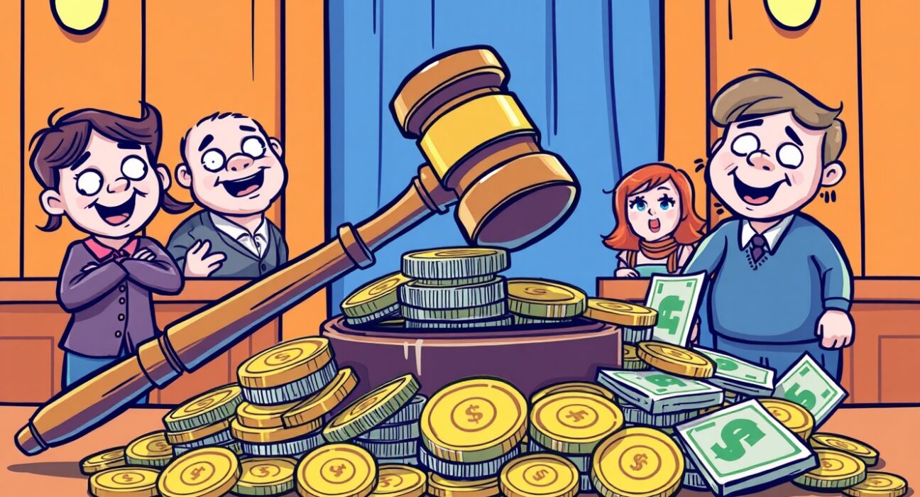 FTX victims compensation illustrated as a hopeful courtroom scene with digital assets and justice.