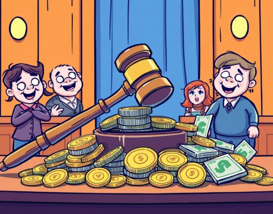 FTX victims compensation illustrated as a hopeful courtroom scene with digital assets and justice.