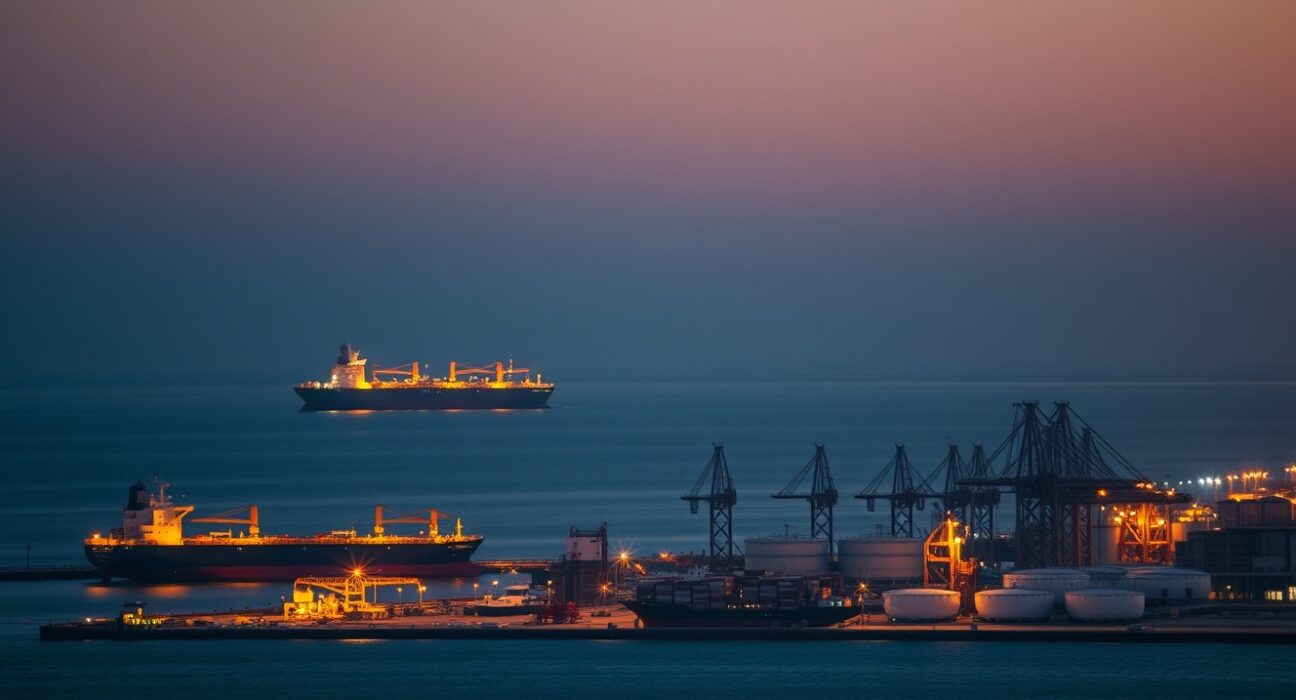 Fujairah port oil terminal with tankers during operational suspension affecting Middle East energy exports.
