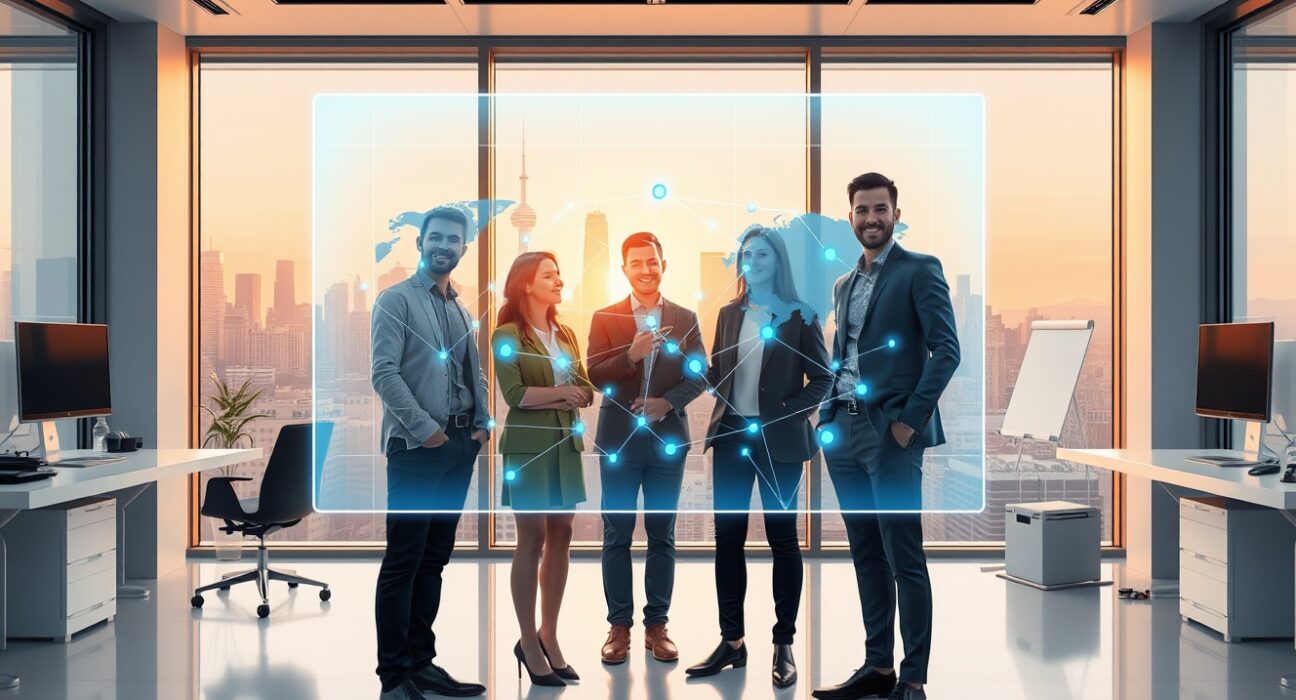 Payment infrastructure startup Fun raises $72M in Series A funding with team reviewing a holographic payment network map in a modern fintech office.