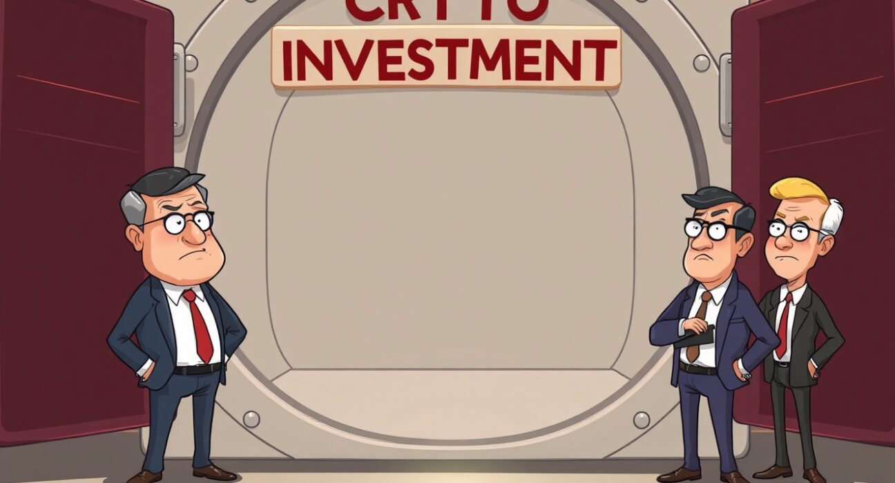 Cartoon fund managers overlooking an empty crypto investment, highlighting the low institutional allocation to cryptocurrency.
