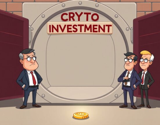 Cartoon fund managers overlooking an empty crypto investment, highlighting the low institutional allocation to cryptocurrency.