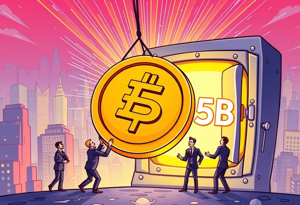 Cartoon illustration of business figures investing in a large ETH coin, representing the significant Fundamental Global ETH investment plans.