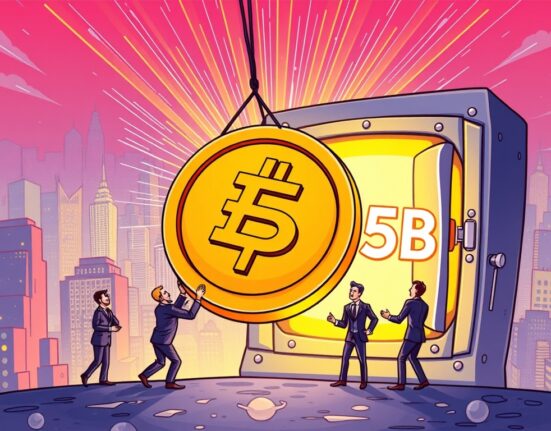 Cartoon illustration of business figures investing in a large ETH coin, representing the significant Fundamental Global ETH investment plans.