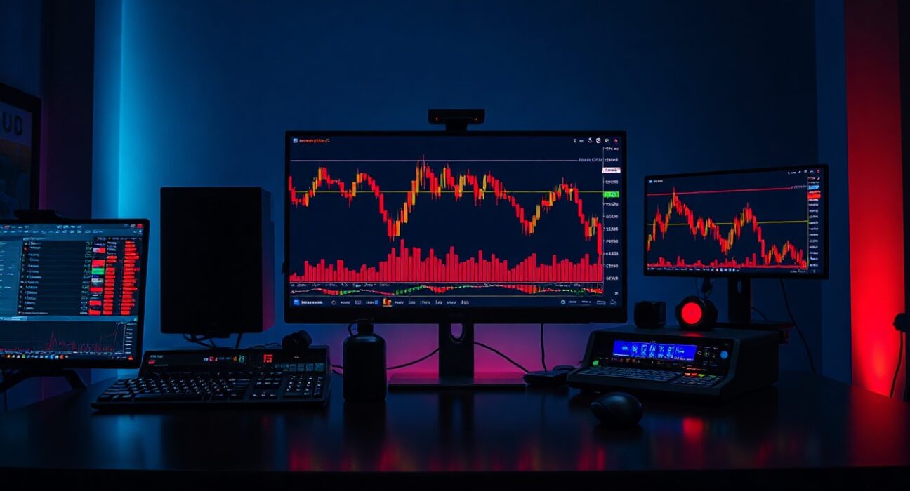 Trading desk with multiple screens showing Bitcoin price charts in decline with red indicators
